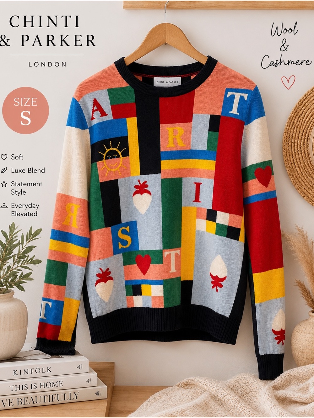 Chinti & Parker Wool Cashmere Intarsia Graphic Sweater Small Colorblock Knit